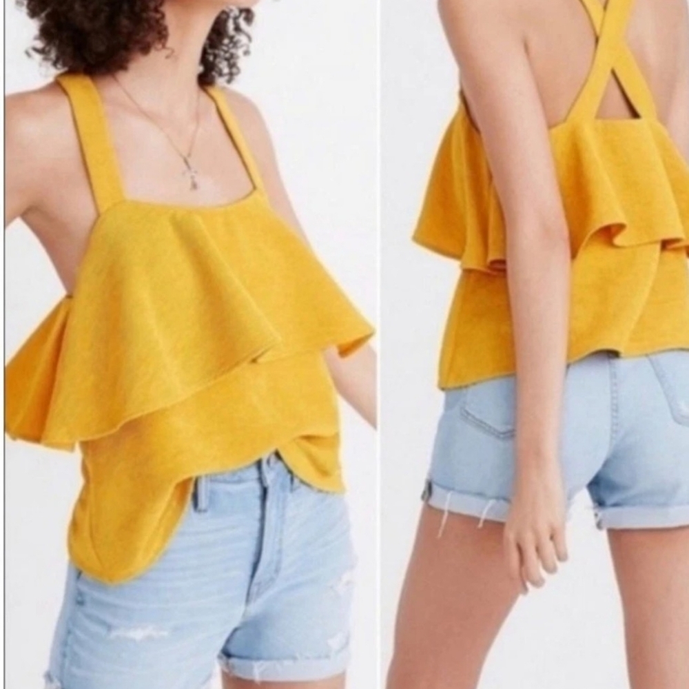 Madewell Texture & Thread Yellow Mustard Gold Ruffle Tiered Tank Top Women Small